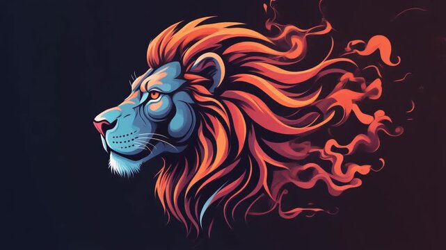 A vibrant abstract lion head illustration with smoke curves and geometric shapes.