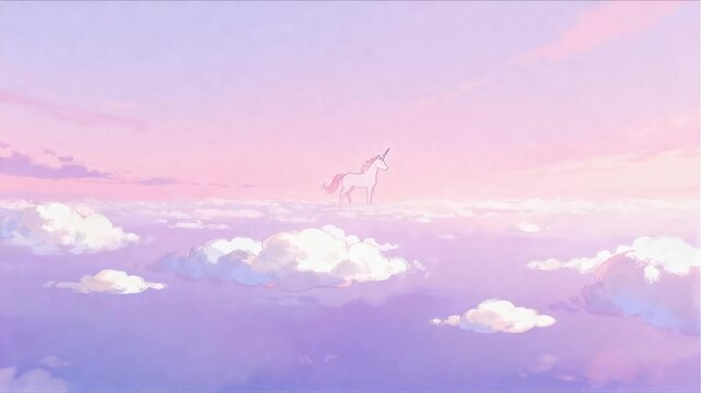 dreamy pastel sky with floating clouds and distant unicorn figure with large sky area for copy space perfect for national unicorn day