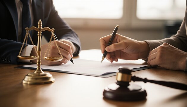 Legal Professionals Signing Official Contract at Law Firm Desk