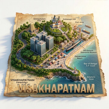 3D Isometric Visakhapatnam City Map with INS Kursura Submarine Museum Ramakrishna Beach and Kailasagiri Hill