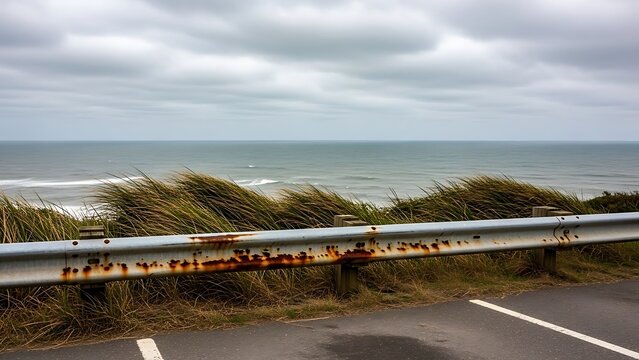 weathered guardrail with rust spots separates a paved area from windswept dune grass leading to the ocean on a cloudy day.