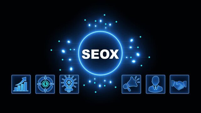 SEO Acronym on Central Circuit Board. Digital Data Neon Circuit Board Concept. Idea, Growth, Target, Marketing, Lock, and Person Icons. Digital Technology Blue Background. 4k Video