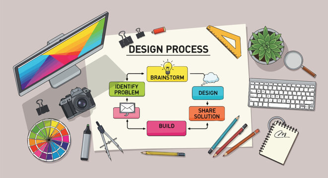 Top view of a colorful computer screen, camera, and design tools illustrating the design process, suitable for marketing materials, website design, and creative agency presentations.