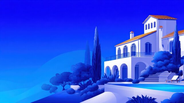 Serene villa with arches, pool, and trees against a vibrant blue sky, exuding tranquil ambiance