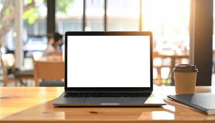 Fototapeta premium Open laptop with blank screen on a wooden desk in a sunlit cafe, perfect for design mockups and presentations.