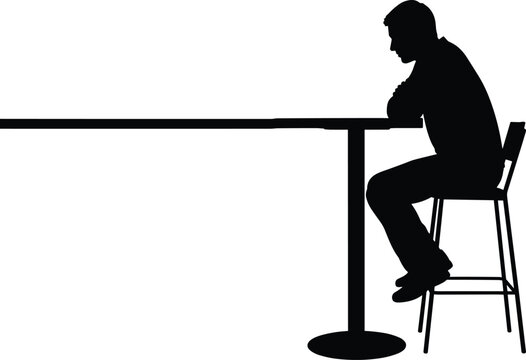 Man sitting alone at table silhouette, thinking pose, loneliness concept, waiting person, modern lifestyle illustration, black isolated figure design