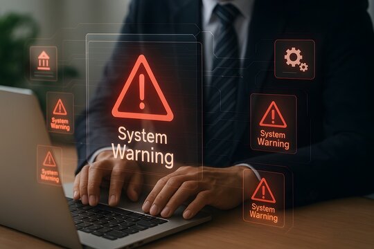 Person in a suit is urgently typing on a laptop keyboard, surrounded by multiple glowing "system warning" error pop-up messages, indicating a critical cyber threat.