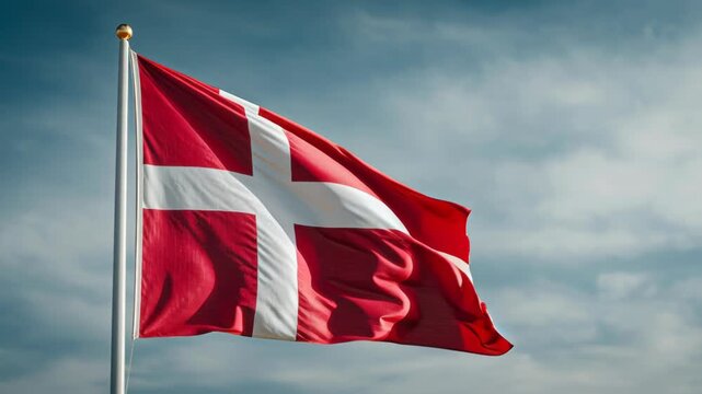 Danish national flag waving against a cloudy sky background.