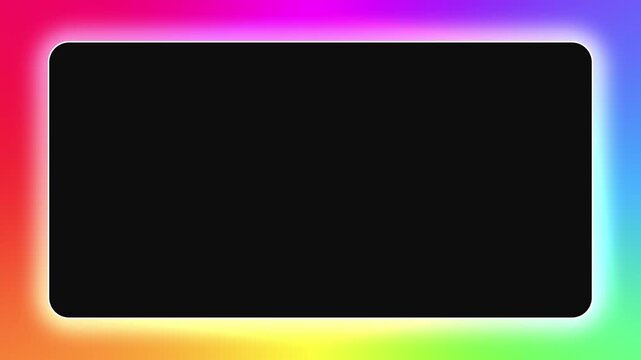 Volumetric gradient neon rectangle frame on black background, abstract vibrant rainbow glowing edge design, animated multicolored laser light spectrum loop presentation, empty futuristic color sign