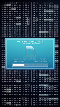 Data recovery process screen on cloud storage server, database protection backup for restore secure file sharing network, cyber security software technology, retro binary computer repair monitor UI