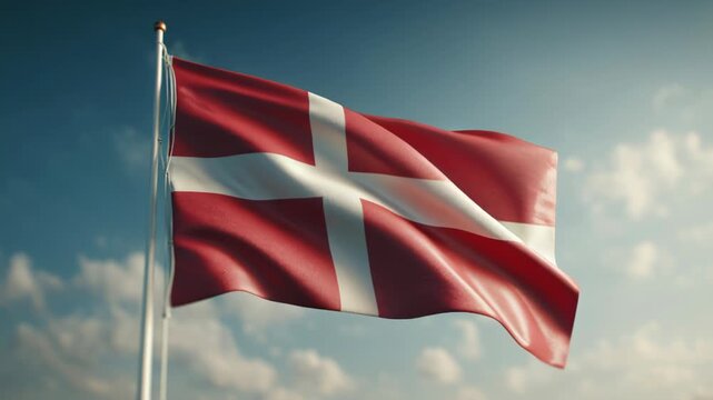 Danish national flag waving in the wind against a cloudy sky background.