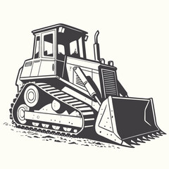 Black and white illustration of a bulldozer on a beige background © dddd