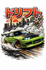 drift car tire smoke, japanese street culture, jdm drift aesthetic, street racing drift scene, tire smoke clouds, high speed cornering, neon city streets, tokyo night vibes, modified performance car,  © Else