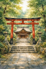 Fototapeta premium A serene pathway leading to a traditional Japanese shrine.