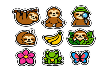 Fototapeta premium Cute cartoon sloth and jungle animal stickers with flowers and fruits.
