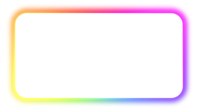 Abstract gradient neon rectangle frame isolated on transparent, vibrant rainbow color LED sign for design, multicolored laser light spectrum presentation, empty futuristic glowing line illustration