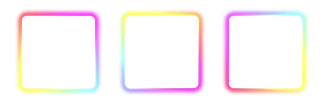 Abstract gradient neon square frame isolated on transparent, vibrant rainbow color LED sign for design, multicolored laser light spectrum set, empty futuristic glowing line collection illustration