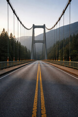 Obraz premium A scenic view of a suspension bridge surrounded by mountains and trees.