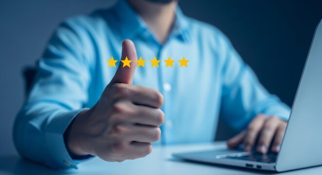 Man giving thumbs up in front of laptop with five star rating overlay for excellent service or product review