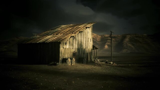 Lonely desert barn under storm clouds, angled roof catching dramatic light, spotlighted siding, distant mesa backdrop, dustswept foreground, cinematic tension