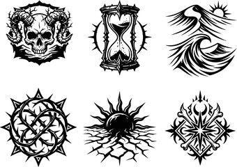 Fototapeta premium Black And White Pixel Art Icons Collection Featuring Skull Hourglass Waves Thorns Sun And Bones