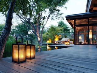 Naklejka premium Cozy Outdoor Patio with Lit Lanterns and a Modern House at Dusk