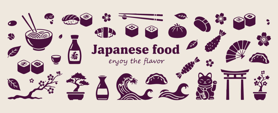  japanese food, hand drawn line art, sushi and sashimi, ramen and udon doodles, asian cuisine icons, restaurant menu design, vector illustrations

