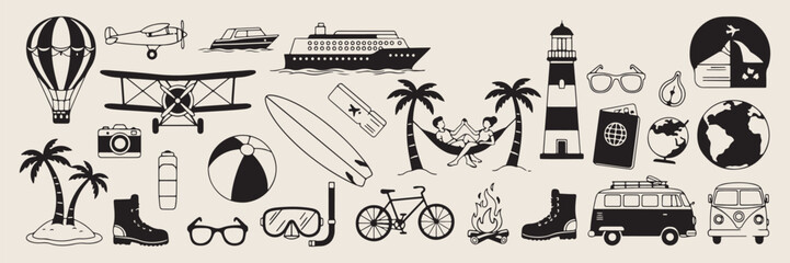 summer beach, cruise ship, hand drawn illustrations, vacation and tourism doodles, island life icons, adventure and leisure elements, line art art style   © Geetaroy