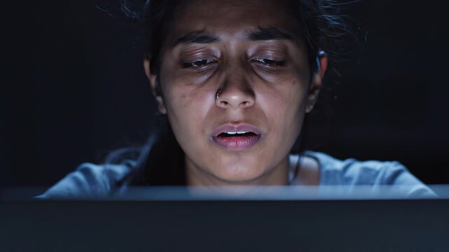 Cinematic close-up of an exhausted office worker staring at a laptop late at night, dark room with only screen light illuminating face, subtle eye bags, slow blinking, emotional realistic acting, soft