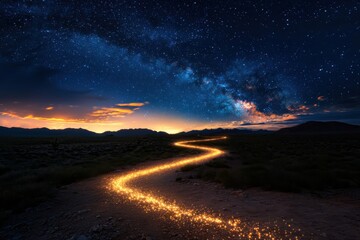 Obraz premium Magical Starry Night Sky with Milky Way Over a Glowing Golden Path in a Desert Landscape
