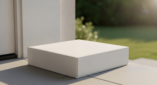 minimalist white cardboard box on outdoor patio with green garden backdrop