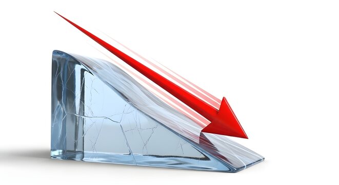 Red downward arrow crashing through a glass floor economic failure concept