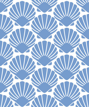 scallop shell seamless pattern, elegant seashell repeat design, decorative ocean motif, minimal coastal background, marine ornament- vector illustration
