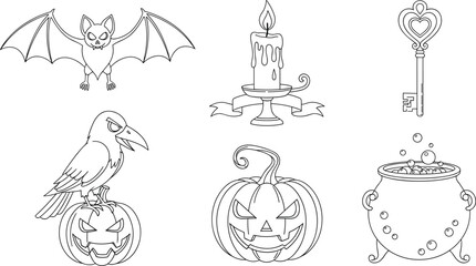 Naklejka premium Black and white line art vector icon set for Halloween featuring a bat candle key crow pumpkin and witch cauldron