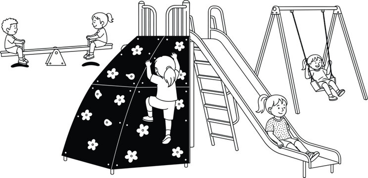 Black and white line art illustration of children playing on playground equipment including a slide swing seesaw and climbing wall
