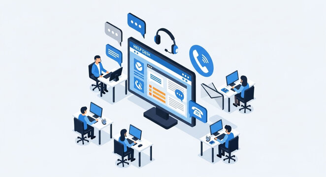 Isometric View of Customer Service Team Working in Call Center.