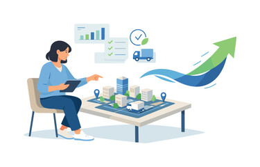 Fototapeta premium Smart city logistics scenario showing an individual optimizing delivery systems through data and planning to reduce congestion and improve urban mobility, with a character