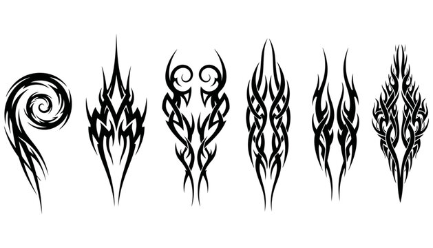 Collection of stylized black tribal tattoo designs and abstract ornamental patterns displayed in a horizontal line each with unique flowing lines 188 characters artistic body art