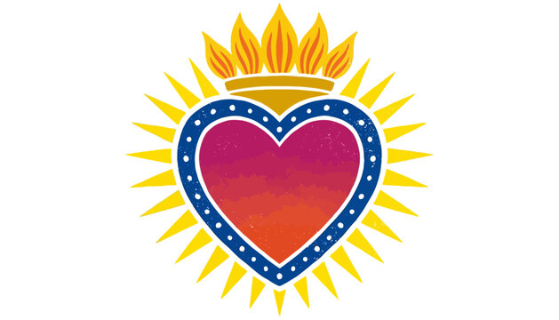Ornate Sacred Heart symbol featuring a gradient of pink and orange within a blue dotted border crowned with golden flames and radiating yellow sunburst rays love religion