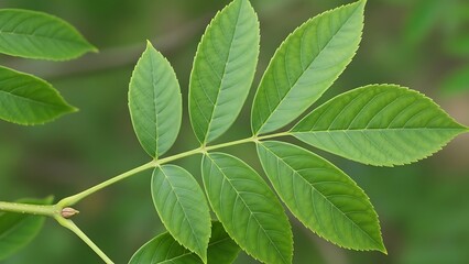 Fototapeta premium Closeup of a Green Compound Leaf on a Tree Branch in Nature.