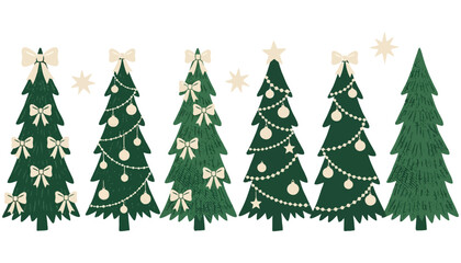 Fototapeta premium A row of stylized green Christmas trees adorned with cream colored bows ornaments and stars creating a festive holiday arrangement decoration festive arrangement winter celebration