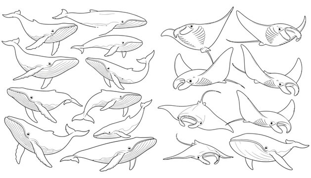 Collection of line art illustrations depicting various types of whales and manta rays in different swimming poses Whales 7 Manta Rays 6 Whales 7 Manta Rays 6 ocean sea marine