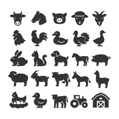 Naklejka premium Collection of farm animal silhouettes: cows, horses, pigs, & more.