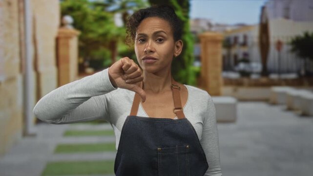 Woman wearing denim apron and long sleeve shirt showing a thumbs down hand gesture on a sunlit street with stone columns; negative feedback disapproval.