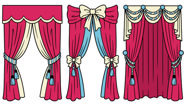 Three decorative draped curtain panels with scalloped valances bows and tassels in pink cream and light blue curtains drapes drapery window fabric textile interior design