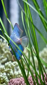 A vibrant and beautifully patterned blue discus fish, known for its distinctive flat, disc-shaped body and elegant fins, swimming calmly amidst lush green aquatic plants in a meticulously maintained f