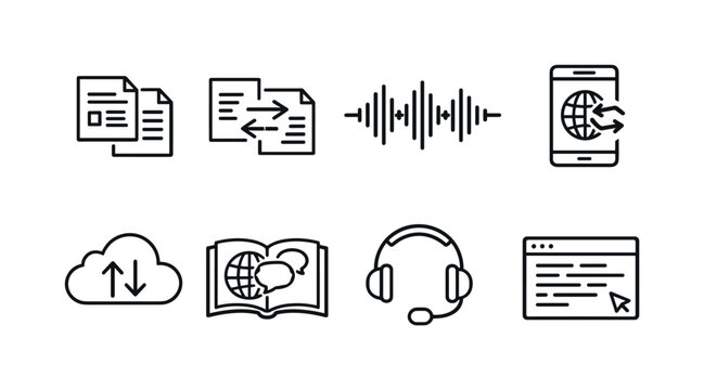 Translation tools and process: bilingual document, arrows between texts, audio waveform, mobile app screen, cloud translation, language book, headset mic, digital text editor