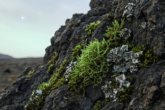 Microscopic Engineered Moss and Lichens on Alien Rock, First Life on Barren World