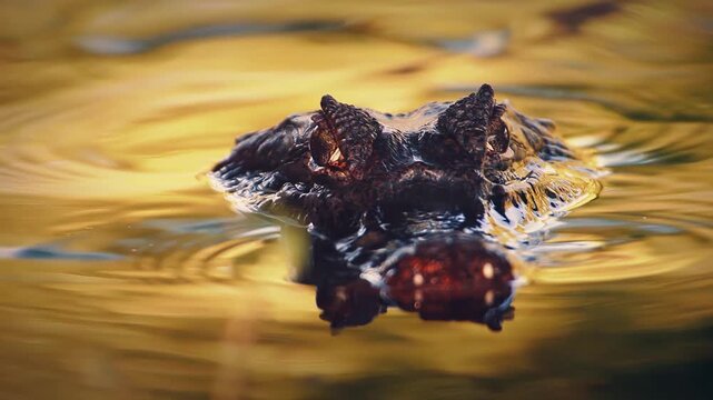 Caiman Floating Quietly in Golden Water &ndash; Dramatic Close-Up of Wild Reptile at Sunset