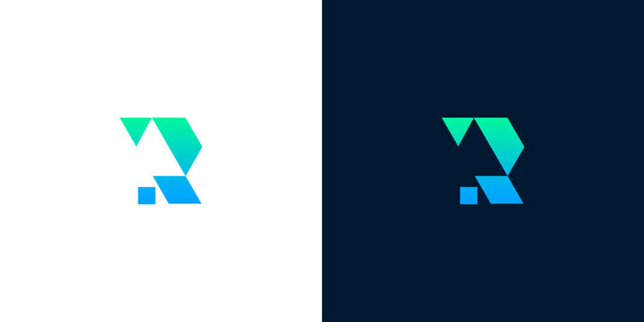Abstract 'R' letter logo design with a modern, geometric, and gradient aesthetic on white and dark backgrounds, suitable for branding and technology